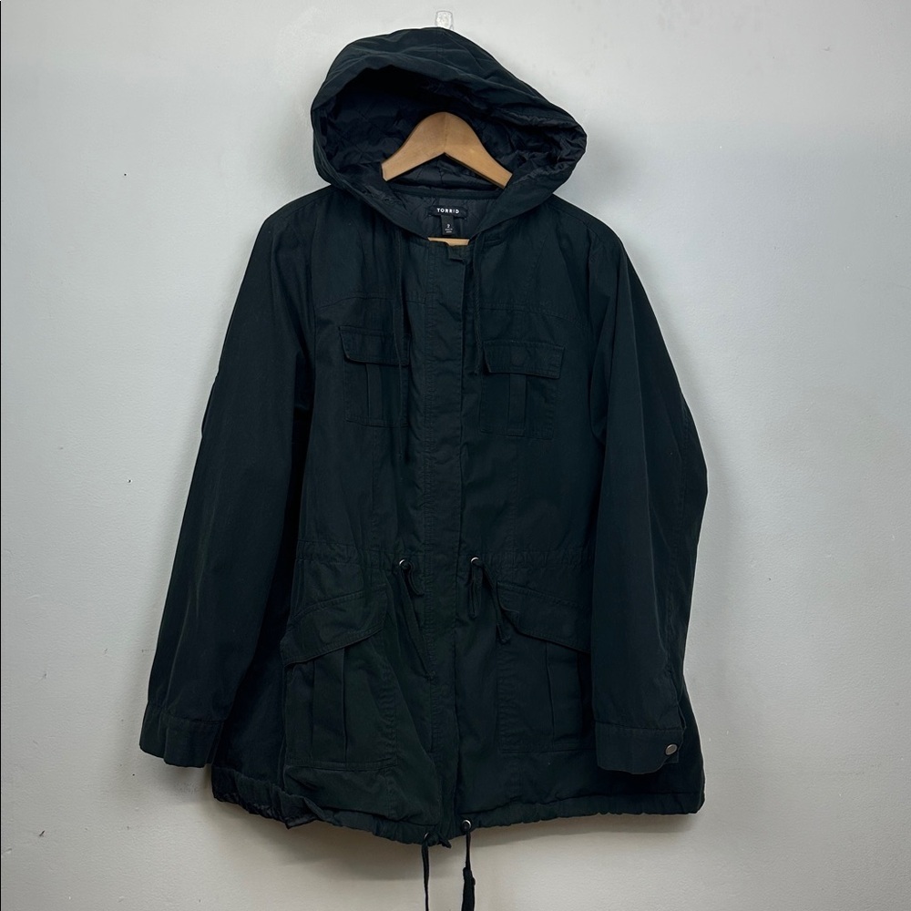 Torrid Black Utility Anorak Cargo Waist Cinch Snap Button Hooded Jacket 2X
